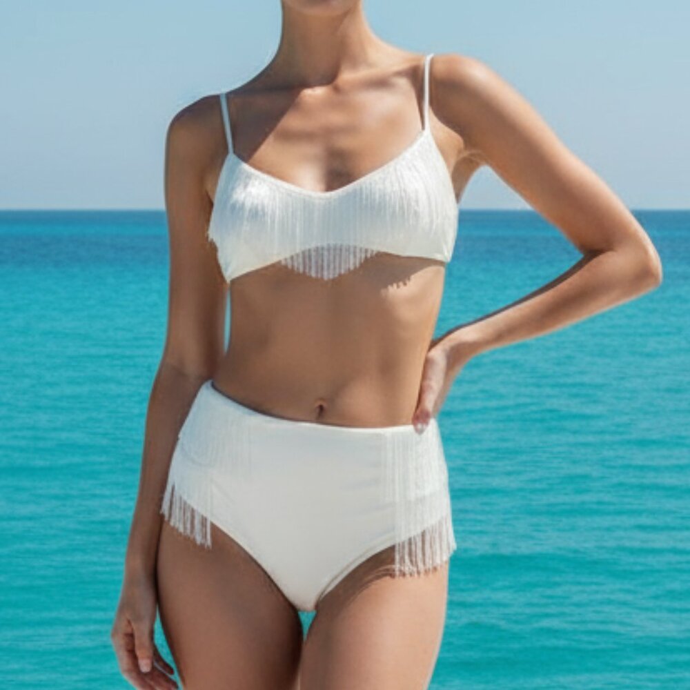 DEVON WINDSOR White Fringe High-Waist Bikini